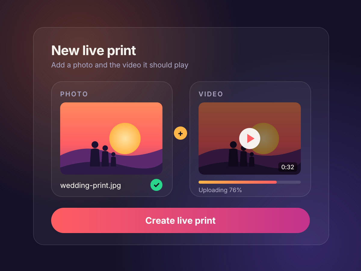 The New live print screen: a photo, wedding-print.jpg, added beside the video it should play, uploading.