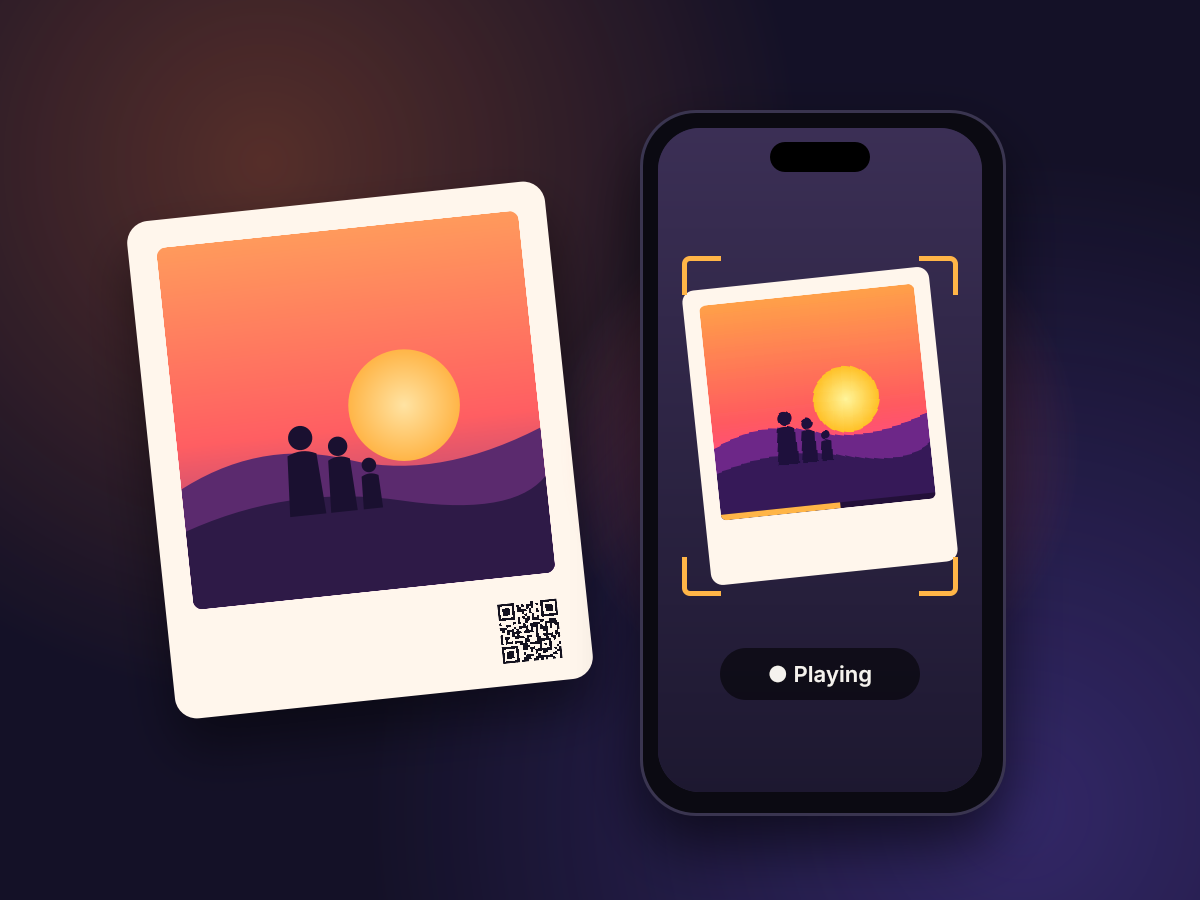 A printed photo with its QR code, and a phone pointed at it playing the video on the print.