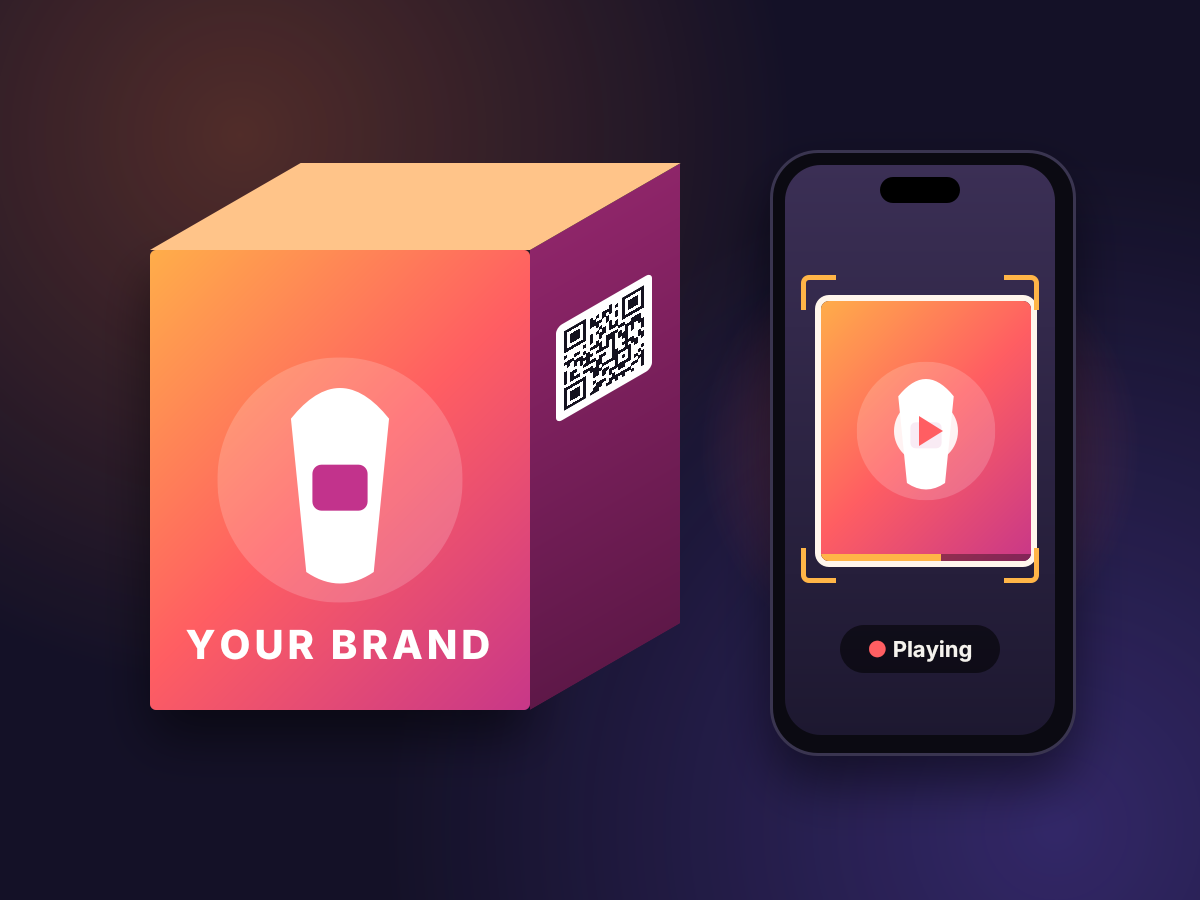 A branded box with a QR code on its side, and a phone playing its front as video.