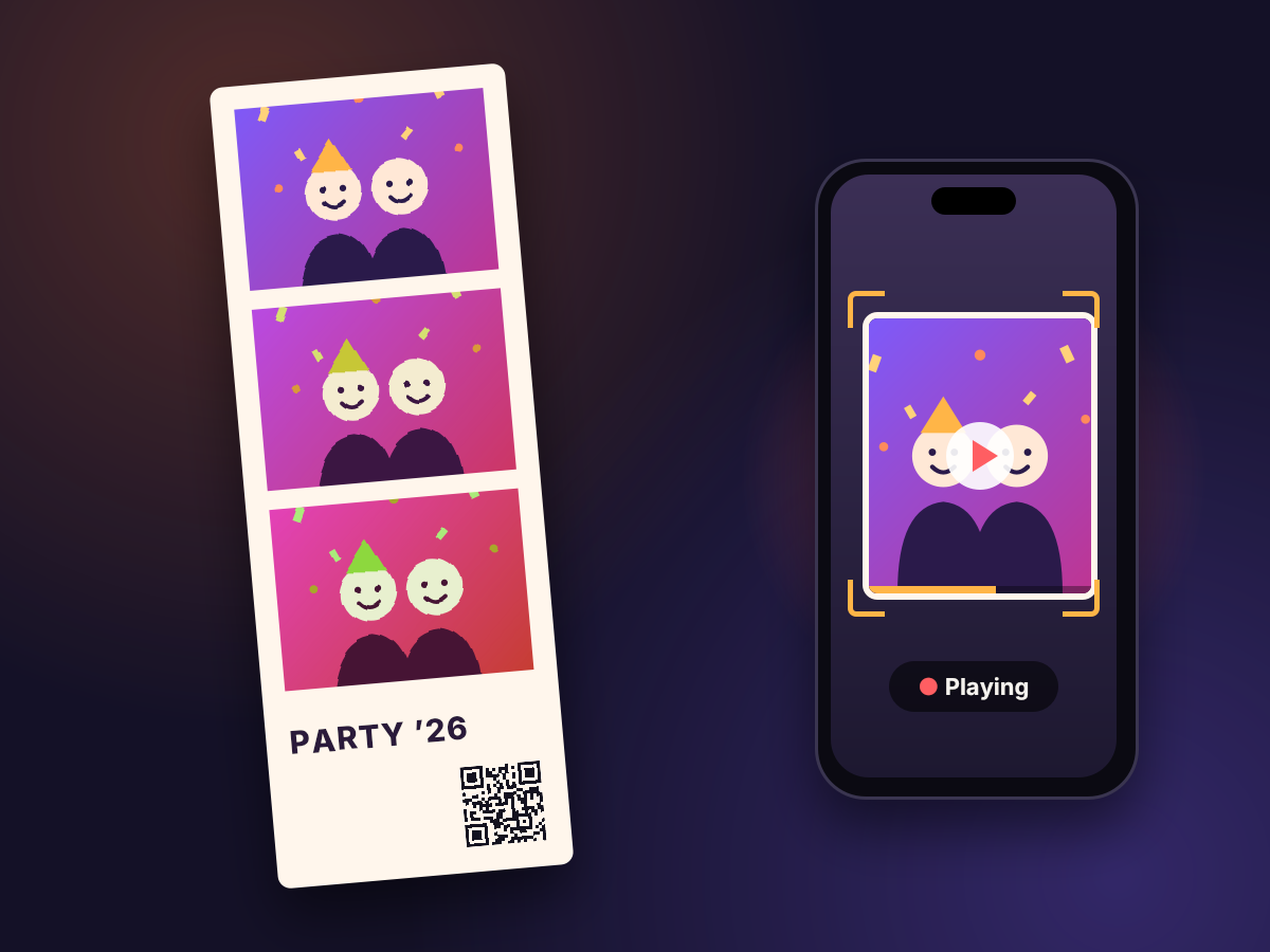 A photo booth strip from a party, with its QR code, and a phone playing one of its photos as video.