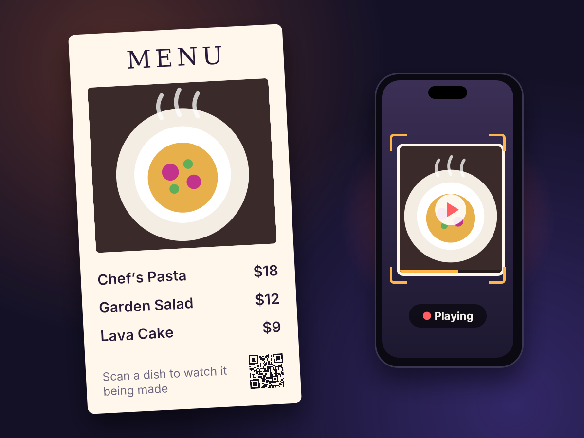 A restaurant menu with a dish photo and a QR code, and a phone playing the dish as video.