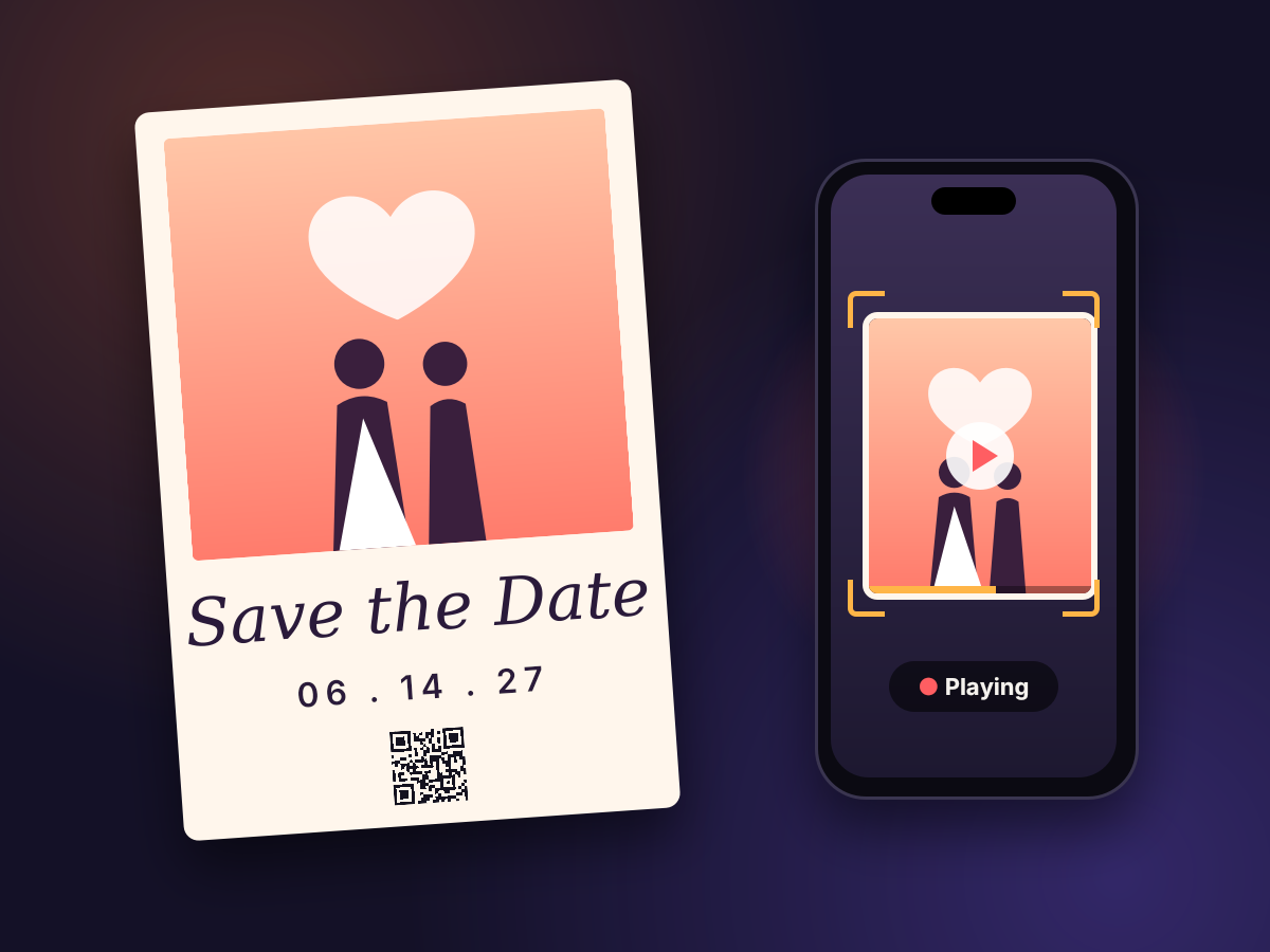 A save-the-date card with its QR code, and a phone playing the couple’s photo as video.